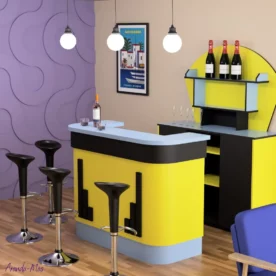 Coin bar avec comptoir jaune bleu et noir style vintage et arrière bar dans le même style.