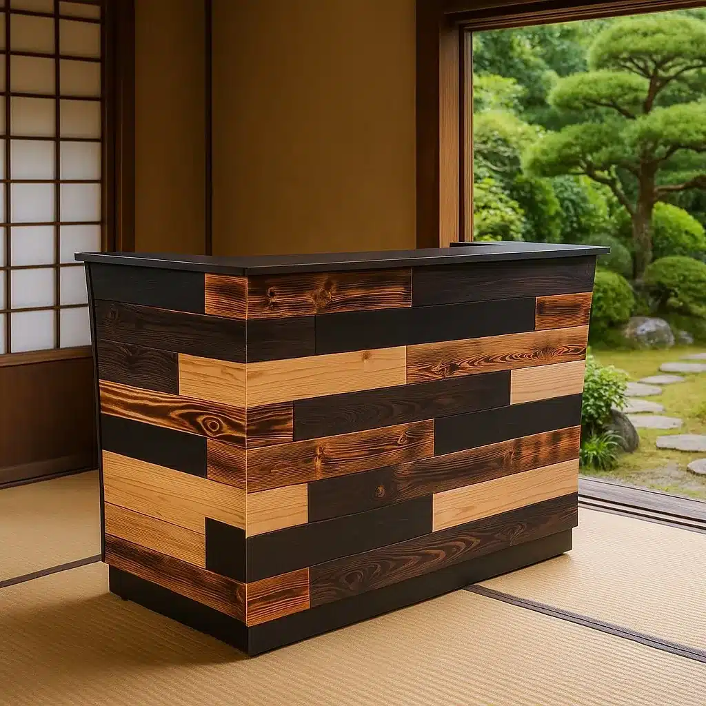 Minibar en bois brûlé dans un intérieur japonais avec vue sur jardin japonais