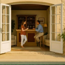 Deux personnes partagent un apéritif devant un home bar en bois et étain installé dans un salon au bord d'une piscine