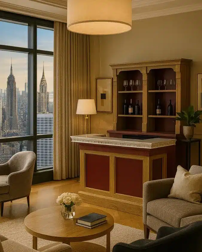 Home Bar en bois et étain avec décoration rouge dans un salon d'appartement avec vue sur New-York