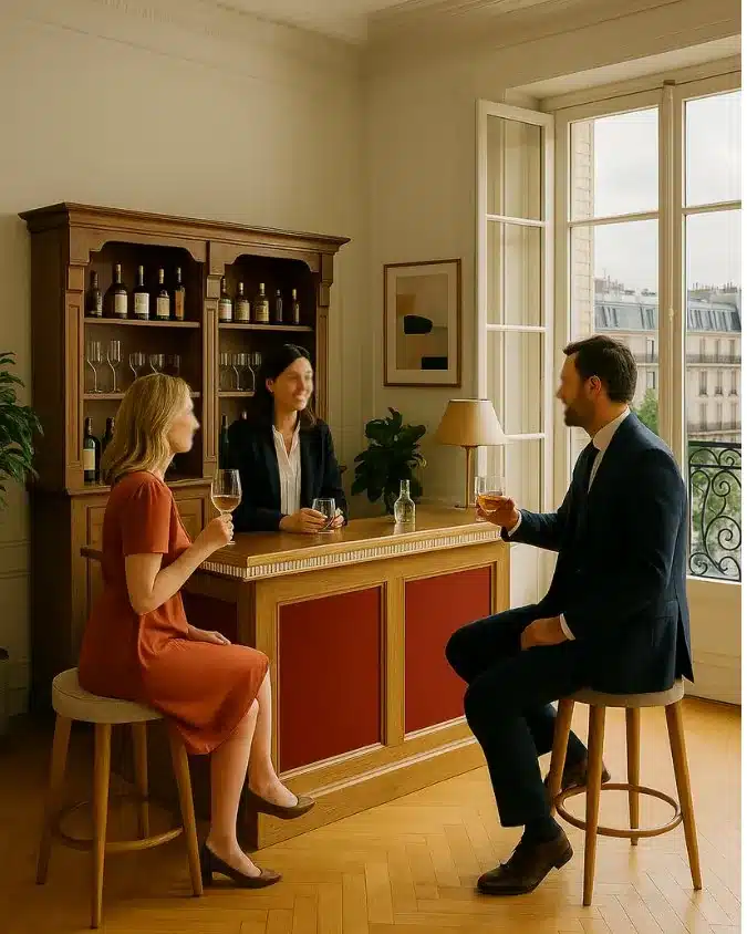 Trois personnes partagent un apéritif autour d'un Home Bar en bois et étain dans un salon parisien avec vue sur bâtiments hausmanniens