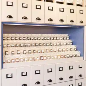 Gradin sur 4 niveaux pour fioles de thé intégré dans rangements muraux avec tiroirs à l'ancienne style apothicaire