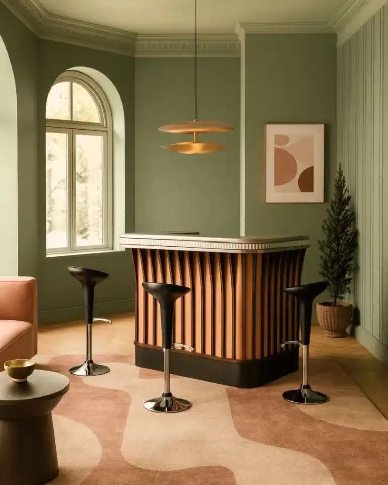Intérieur salon contemporain chic avec comptoir de bar style art déco revisité avec dessus en étain et façade couleur terracotta et lames de bois foncé.