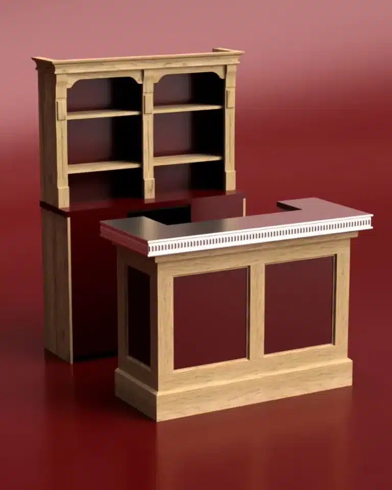 Mini Bar en bois ton monochrome rouge bordeaux avec piste en étain sur fond rouge bordeaux