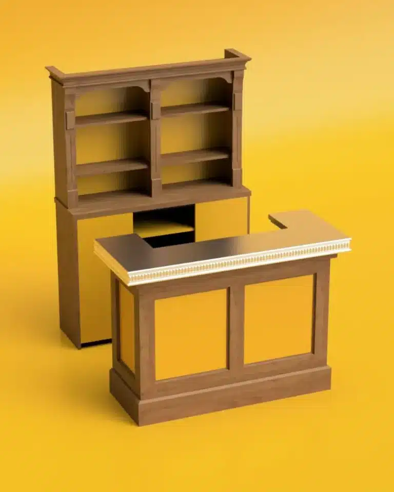 Mini Bar en bois ton monochrome jaune avec piste en étain sur fond jaune ocre