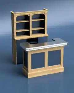 Mini Bar en bois ton monochrome bleu cosmique avec piste en étain sur fond bleu cosmique