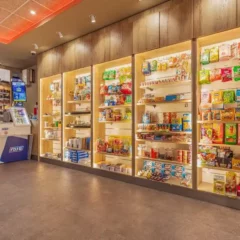 Agencement intérieur du Tabac Presse TOTEM à Plaisance-du-Touch : rayonnages en bois clair rétroéclairés, conception sur mesure par Aranda-Mas.