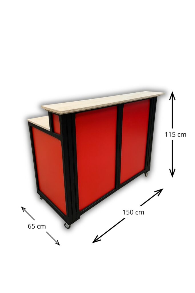Comptoir mobile sur roulette décoration rouge et noir avec plateau et piste en bois clair