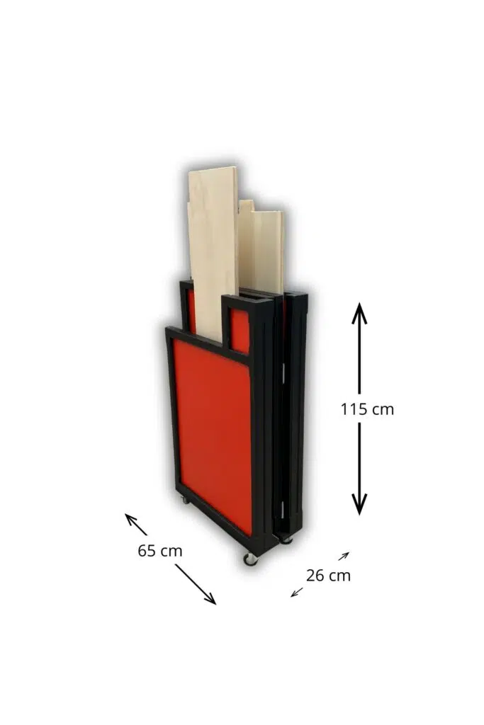 Comptoir mobile sur roulette décoration rouge et noir avec plateau et piste en bois clair