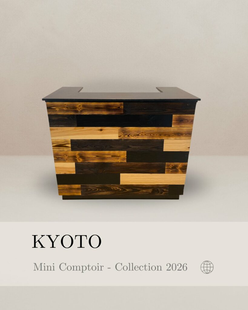 Mini comptoir Kyoto de la collection 2026, comptoir en bois assemblé au design graphique et inspiration japonaise.
