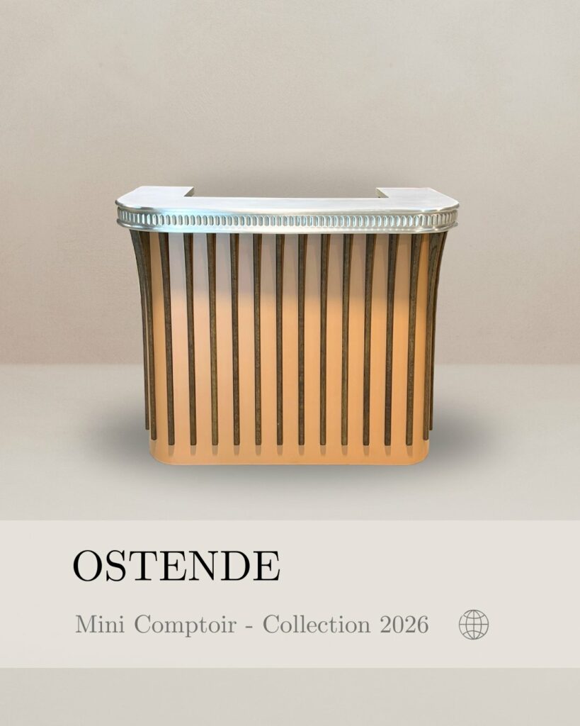 Mini comptoir Ostende de la collection 2026, comptoir lumineux avec façade nervurée et éclairage doux intégré.