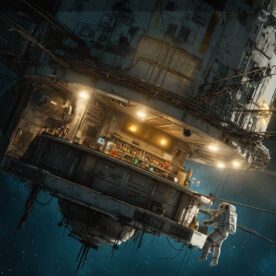 Concept humoristique d’un bar Aranda-Mas en apesanteur à l’extérieur d’une station spatiale, imaginé à l’occasion de la réalisation du bar des étudiants de l’ISAE-SUPAERO et des sorties extravéhiculaires de Sophie Adenot.