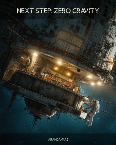 Concept humoristique d’un bar Aranda-Mas en apesanteur à l’extérieur d’une station spatiale, imaginé à l’occasion de la réalisation du bar des étudiants de l’ISAE-SUPAERO et des sorties extravéhiculaires de Sophie Adenot.