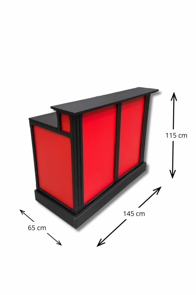 Comptoir mobile sur roulette en rouge et noir avec dimensions
